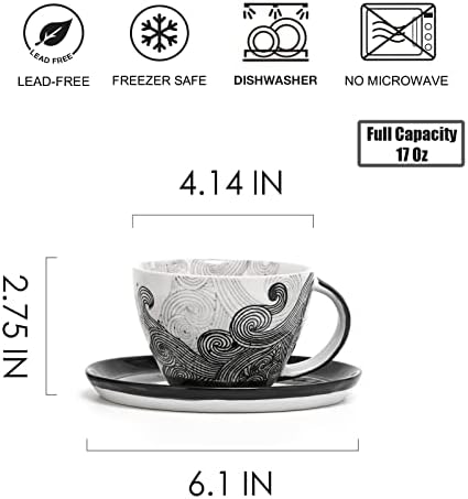 Taimei Teatime Ceramic Tea Cup e pires, conjunto de 2, xícara de café de 17 onças com ondas de ondas pintadas à