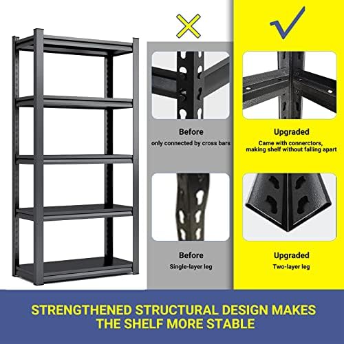 Prateleiras de garagem de 5 camadas SFTORMAS, prateleiras de armazenamento pesado, unidade de prateleira de metal ajustável, prateleiras para serviços pesados, prateleiras de metal da organização de garagem, 15,75 D x 31,5 W x 63 , preto