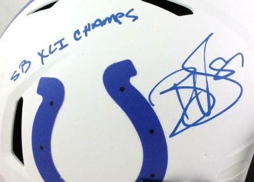 Reggie Wayne assinou o capacete autêntico de velocidade lunar dos Colts f/s com campeões sb campeões*azul - capacetes da NFL autografados
