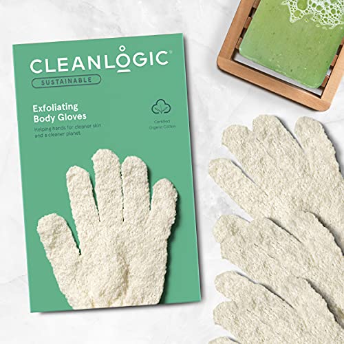 CleanLogic Sustainable esfoliando luvas de banho/chuveiro, naturais, 3 pares - 6 contagem