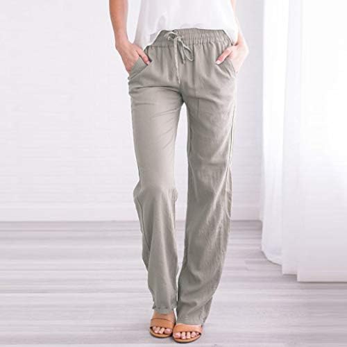 Calças de linho de algodão casual de verão para mulheres calças de perna larga com bolsos soltos de cor lisa de