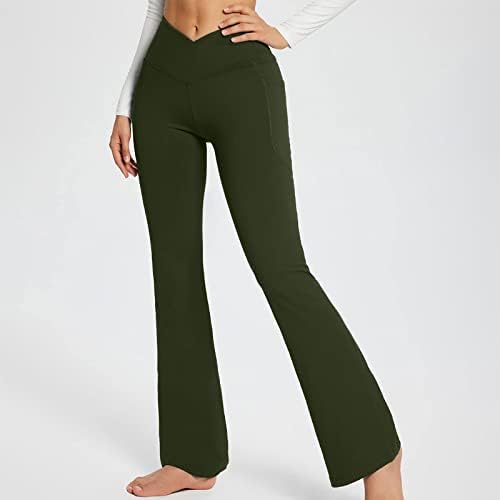 usecee feminino bootcut ioga calças flageings com bolsos v crossover alta cintura leggings barriga de controle calças