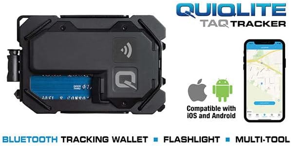 Quiqlite taqtracker, carteira de rastreamento Bluetooth slim com lanterna LED recarregável, estroboscópio de segurança