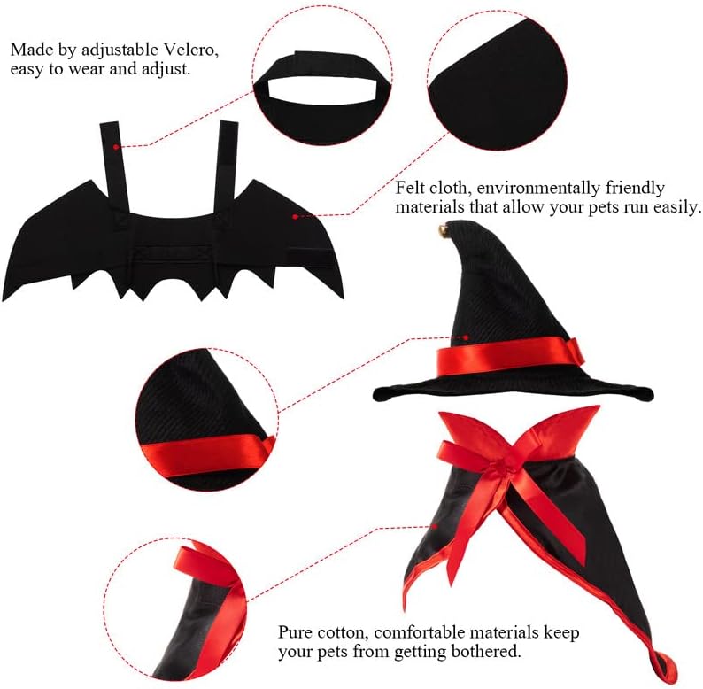 Frias 3 peças Pet Halloween Vampire Costume Pet Bat Vampire Cap Wizard Hat para festa de Halloween, cosplay de animais de estimação