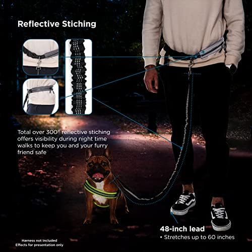 Black+Decker Hands Free Dog Leash, para corrida, ciclismo e treinamento w. Cinto ajustável e bungee retrátil, bunge de bunge de bunge de até 150 libras cães grandes, cinza