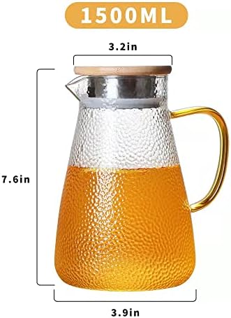 Jarra de vidro Cawein com tampa 1.5L, jarra de alta resistência ao calor para água quente/fria e chá gelado