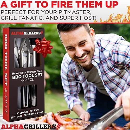 Alpha Grillers Grill Conjunto de churrasco pesado Acessórios para churrasco - Conjunto de ferramentas para churrasco Acessórios de grade 4pc com espátula, garfo, escova e churrasqueiras - Presentes para papai Durável e inoxidável Ferramentas de grade de aço inoxidável