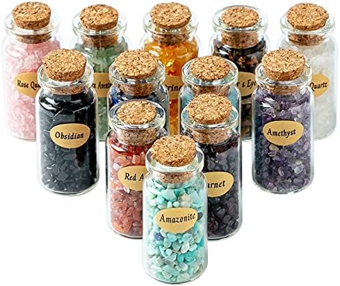 Khocoee 12 diferentes garrafas de pedras preciosas cristais de chip e pedra de cura, garrafas de cristais de cura de chakra, cálculos