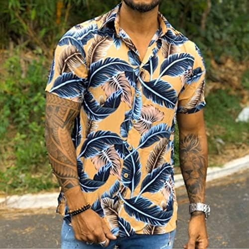 Camisas havaianas beuu masculas, lapas de manga curta de verão botão de impressão de impressão abaixada de lapela acendida