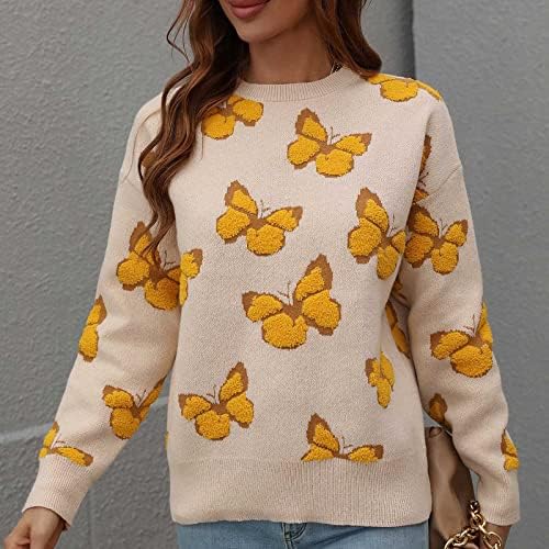 Mulheres Prinha Butterfly Knit Sweater Manga longa Pullover gráfico fofo Tops 2022 Bloups casuais de outono
