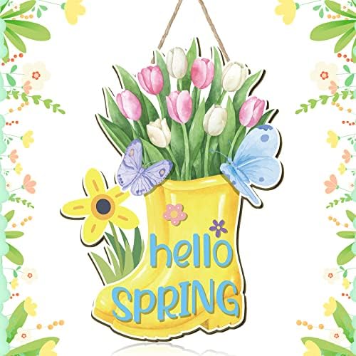 Marsui Hello Spring Door Sign Placa colorida de tulipa decoração de primavera placas de porta penduradas placas de decoração