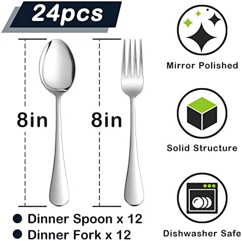 Garfos de 24 peças e colheres de talheres, HAware 18/0 Aço inoxidável Talheres de talheres de aço inoxidável Conjunto