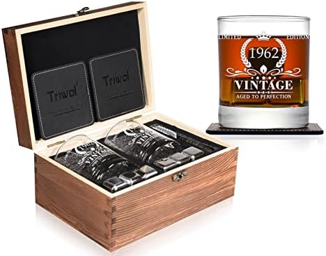 Presentes de 61º aniversário para homens, Vintage 1962 Whisky Glass and Stones Gift Sett of 2, Funny 61 Birthday Gift