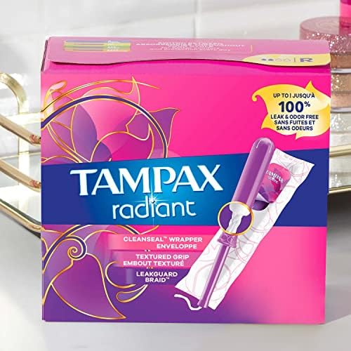 Tampax Radiant Plastic Tampões, Duopack regular/Super Absorvency, 112 contagem, sem século, 28 contagem, pacote de 4