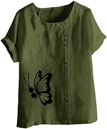 Tampas de linho de algodão plus size para mulheres vintage Butterfly Button Camisa de túnica de verão Manga curta de cola de tripulante