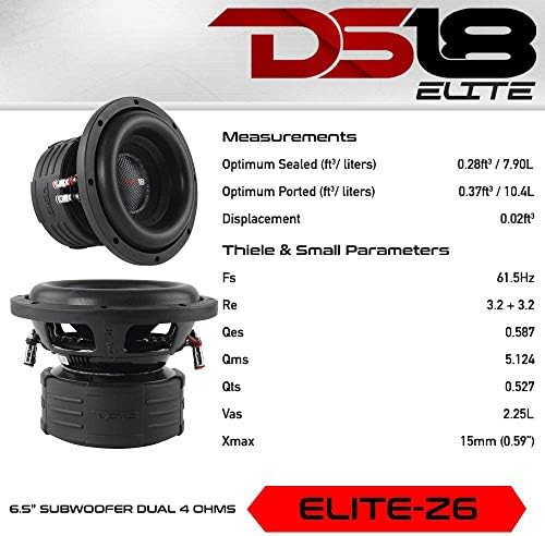 Subwoofer DS18 Elite Z6 In Black - 6.5 , 600W Max Power, 300W RMS, Dual 4 ohms, DVC - Premium Car Audio Bass Speaker excelente para baixas frequências e aplicações de alta potência