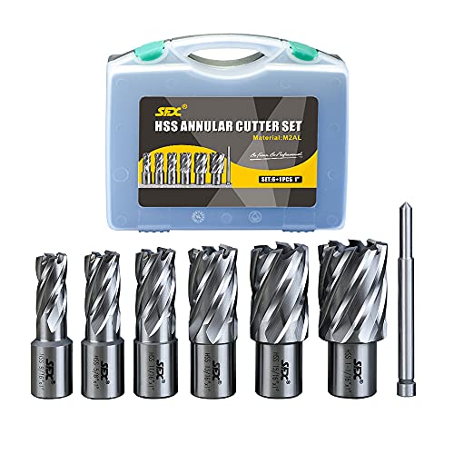 Xincheng Precision Cutter anular HSS Conjunto de 6 PCs 3/4 de polegada Weldon Shank 1 polegada Profundidade de corte e diâmetro de corte 9/16 , 5/8 .11/16 .13/16, 15/16 e 1-1/ 16 Para drill Press HSS Standard Kit e 1 pino piloto