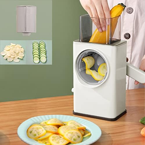 Matador de queijo rotativo manual Rastor de queijo com tremonha mais larga 3 lâminas intercambiáveis ​​Slicer de bandolim redondo Greante Julienne para queijo, legumes, batatas e nozes, branco