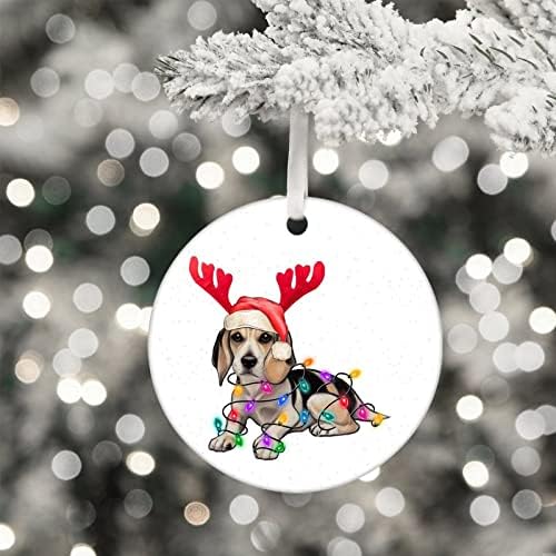 Animal de estimação com chifres de enfeites de natal, ornamento de cerâmica de cão feliz, cachorro com ornamento