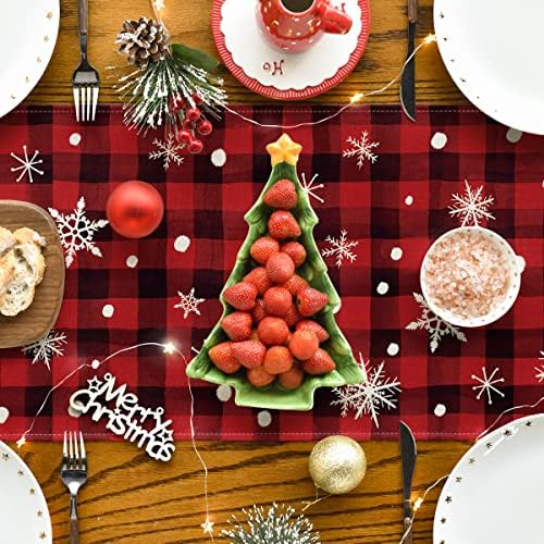 Modo Artóide boneco de neve vermelho e preto Buffalo xadrez de mesa de Natal, decoração sazonal de cozinha de feriado