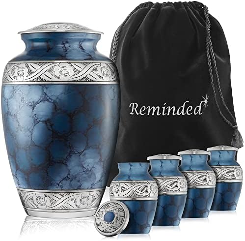 Lembrado do conjunto de 5 urnas de cremação decorativa para cinzas humanas - 1 adulto + 4 tamanho de token, azul