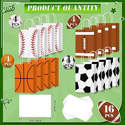 16 PCS Sports Party Gift Sacols com papel de papel beisebol Basquete de futebol Basketball Goodie Sacos de favor com alça para o tema de beisebol meninos decoração de aniversário meninos