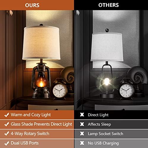 Farmhouse Lantern Table Lamps para sala de estar conjunto de 2, lâmpada de resina de quarto vintage com portas de carregamento