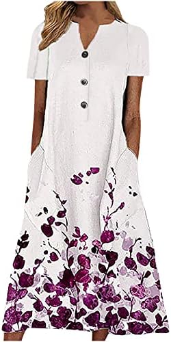 Vestido de pescoço de verão V para mulheres mulheres 2023 Floral Long Dress Button Down Pleated Beach vestido de manga curta