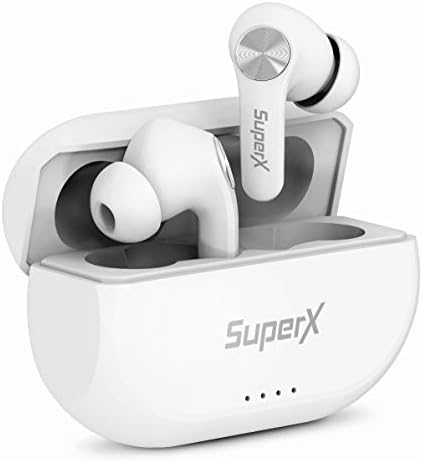 Superx Bluetooth 5.0 Encontros sem fio com carregamento de fone de ouvido/fone de ouvido à prova de suor IPX5 em ouvido em ouvidos em Mic Industrial líder tws com esporte bombeando graves - platina prata