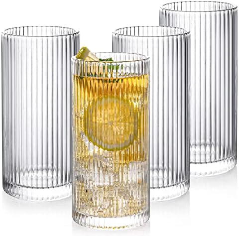 Bebendo copos com estilo de origami de 4 xícaras de vidro, copo de 12 onças, copos de vidro de 4 altos, elegantes copos de copos vintage, copos de suco, ideais para cocktail, uísque, cerveja, cerveja, cerveja
