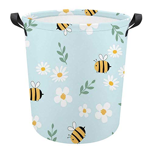 Grande cesto redondo de roupa com alças, abelhas Daisy Flores de armazenamento cesta de armazenamento Organizador da caixa dobrável à prova d'água para roupas de berçário