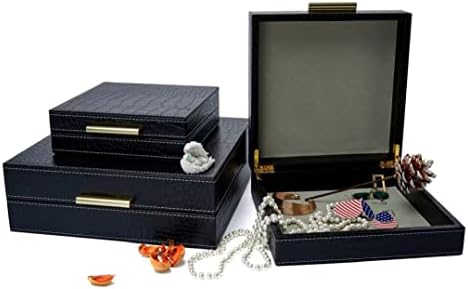 C/U Kingflux Faux Black Crocodile Leather Conjunto de 3 caixas de armazenamento, caixas de jóias de ninho com