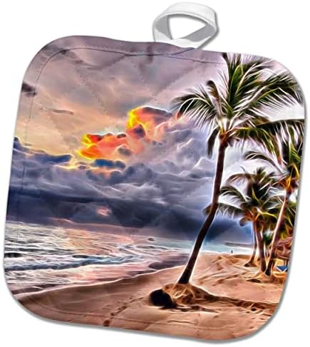 Palmeiras 3drose em uma praia contra uma pintura infundida com luz marítima tempestuosa - panelantes