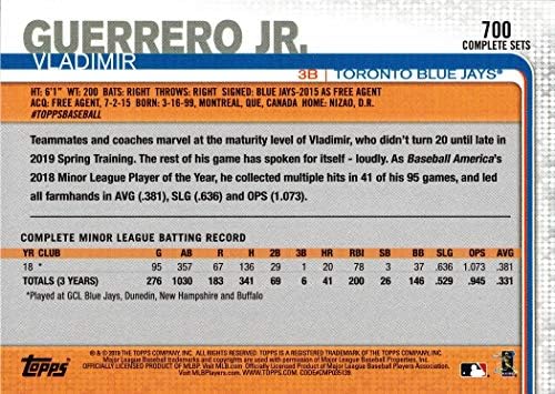 2019 Topps Factory Set Baseball #700 Vladimir Guerrero Jr. Cartão Rookie - Variação de rebatidas