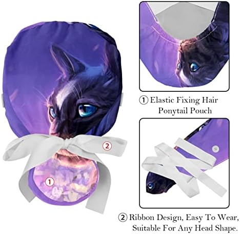 Capas médicas para mulheres com botões de cabelo comprido, boné de trabalho ajustável de 2 peças, animal de gato multicolorido