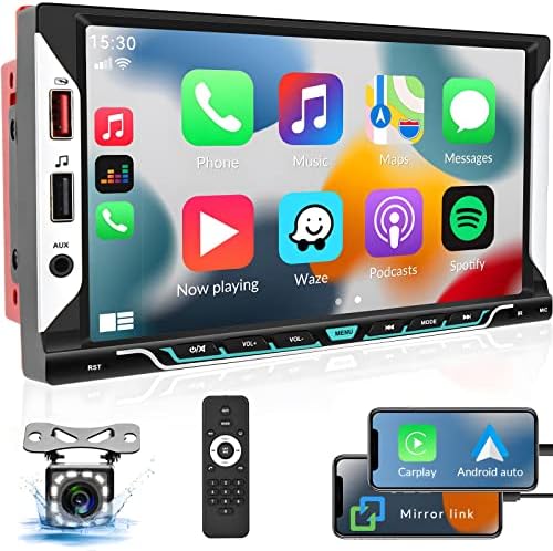 Estéreo Double Din Car com Apple Wireless CarPlay e Android Auto, Rádio do carro de tela de toque de 7 polegadas com