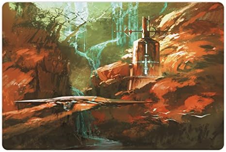 Ambesonne Fantasy World Pet Tapete Para comer e água, nave espacial sobre o fundo do farol da cachoeira e da paisagem de fantasia
