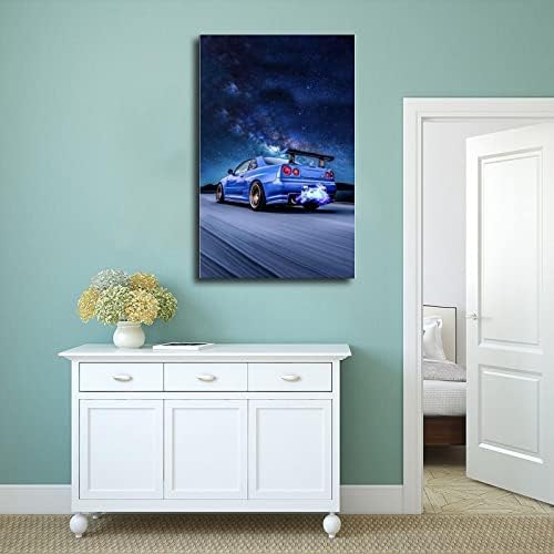 Yolanch JDM - Cartaz do carro R35 Skyline R34 Blue Canvas Pôster Decoração de quarto da sala de escritório Decoração do escritório da sala de escritório