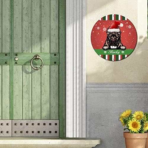 Placa de lata de metal redonda Placa personalizada Nome do cão personalizado Feliz Natal Circular Wreath Sign Vintage