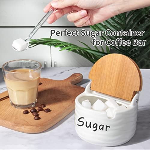 77L Sugar Bowl com adesivo, tigela de açúcar em cerâmica com colher de açúcar e tampa de bambu para casa e cozinha - design moderno, branco, 8,58 fl oz