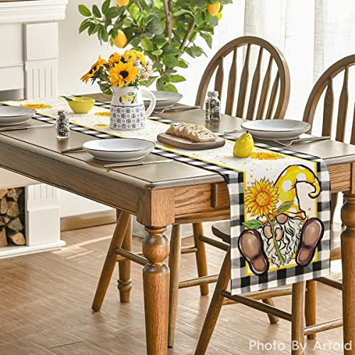 Modo ARTOID Aquarela Buffalo Sunflower Gnome Summer Table Runner, Spring Kitchen Dining Table Decoration for Home Party Decor 13x72 polegadas