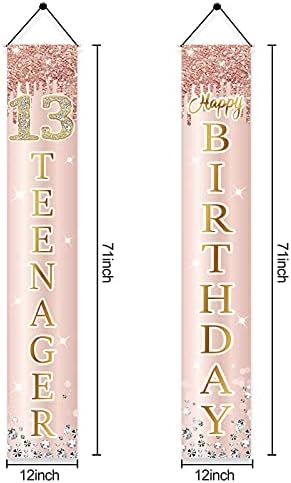 Banner de porta de decorações de 13º aniversário para meninas, ouro rosa rosa 13 adolescente feliz aniversário sinalização de