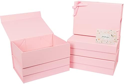 5 caixas de presente de embalagem com tampas, 11x8x4 polegadas rosa grande caixa de presente com fita, caixas de presente dobráveis