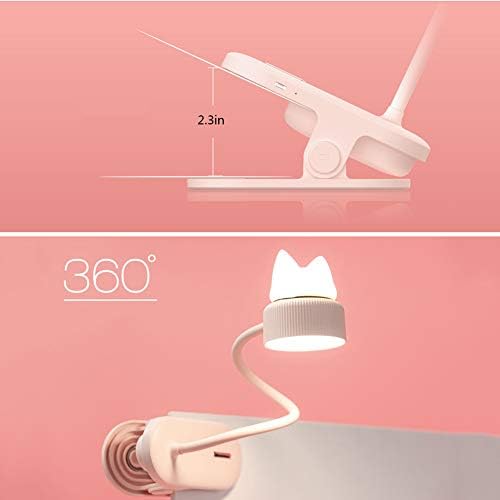 Lâmpada de mesa LED, prenda na lâmpada, luz noturna, lâmpadas de dormitório diminuídas, luminador de mesa de pescoço flexível, com 3 níveis de brilho, rosa