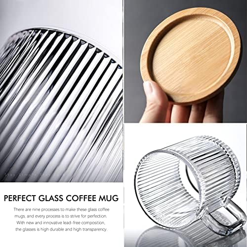 Caneca de café de vidro transparente de Leadiy com tampa, xícaras de café de vidro transparente, canecas de café de listras verticais