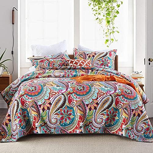 Quilts de tamanho King de qucover, colchas multicoloras Paisley Kingteds, 3 peças de algodão Summer Quilt Sets, quadro
