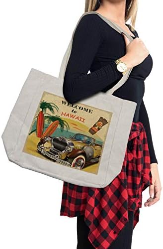 Bolsa de compras retrô de Ambesonne, bem-vindo ao Hawaii American Pop Art Print com pranchas tribais de palmeiras de carros idos