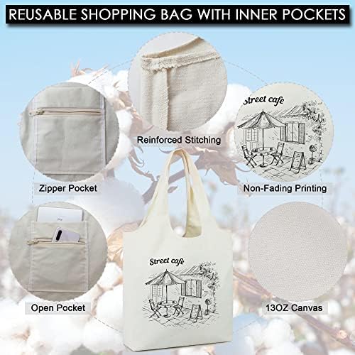 Beegreen Cafe Canvas Bag para mulheres com bolso interno do zippper 13oz estéticos algodão sacola para professora praia mamãe dia presente para livros amantes
