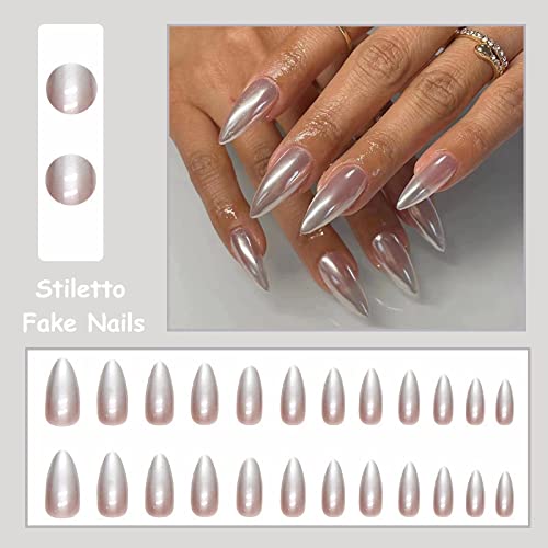 Misud médio estiletto pressione unhas unhas de amêndoas cola brilhante em unhas prata pérola flash acrílico unhas gradiente