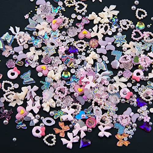 550pcs 3d variados de unhas rosa multi -formas planas corações de coração floresta urso urso unhas stromstones encantos misturam miçangas redondas de pérolas rosa prateadas para unhas para unhas Diy Crafts Acessórios de jóias